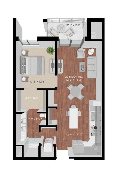 Floor plan for 1 bed, 1 bath, 798 sqft